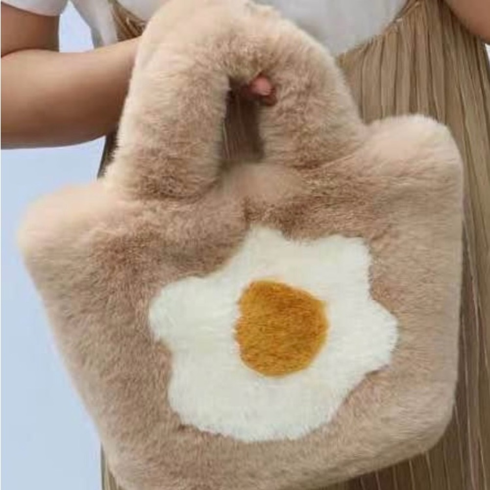 Fluffy Tan Bag with Egg Design